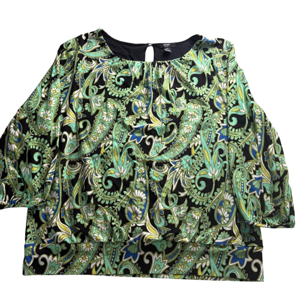 Alfani Woman Paisley Keyhole Blouse Green Blue Black 2X Plus Size 3/4 Sleeve